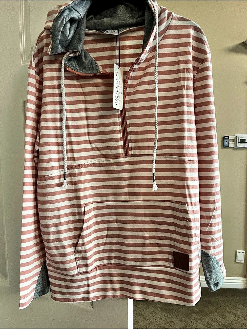 Ivory Gem Striped Pullover Hoodie in Pink & White NWT